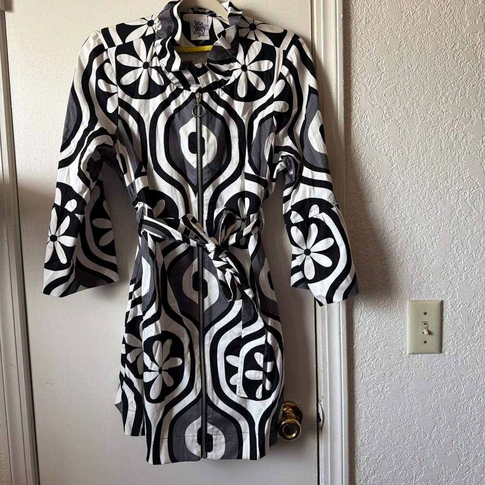 Ivy Jane Black White Geometric Floral Zip Front Mini Dress Bell Sleeve Medium